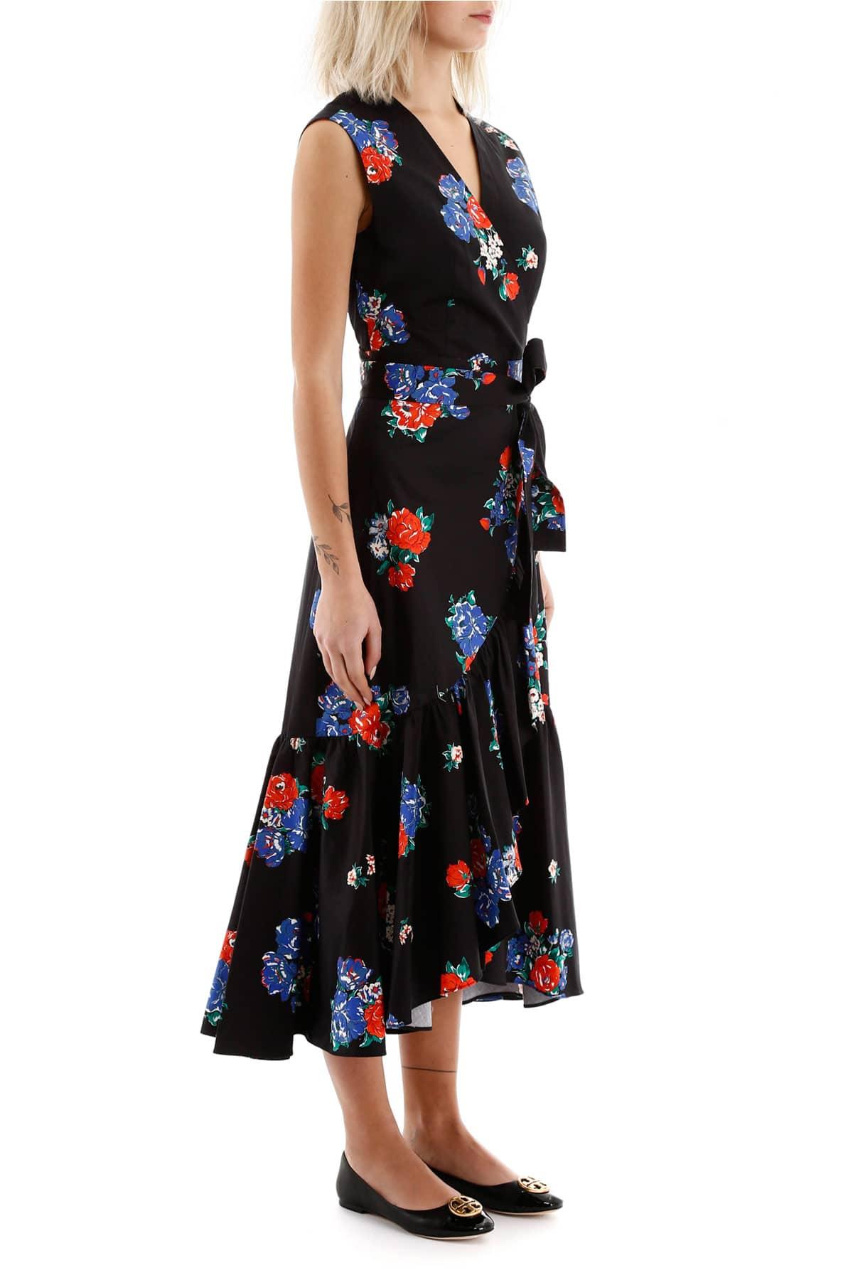 Tory Burch Cotton Flower Print Wrap Dress in Black,Blue,Red (Black) - Lyst