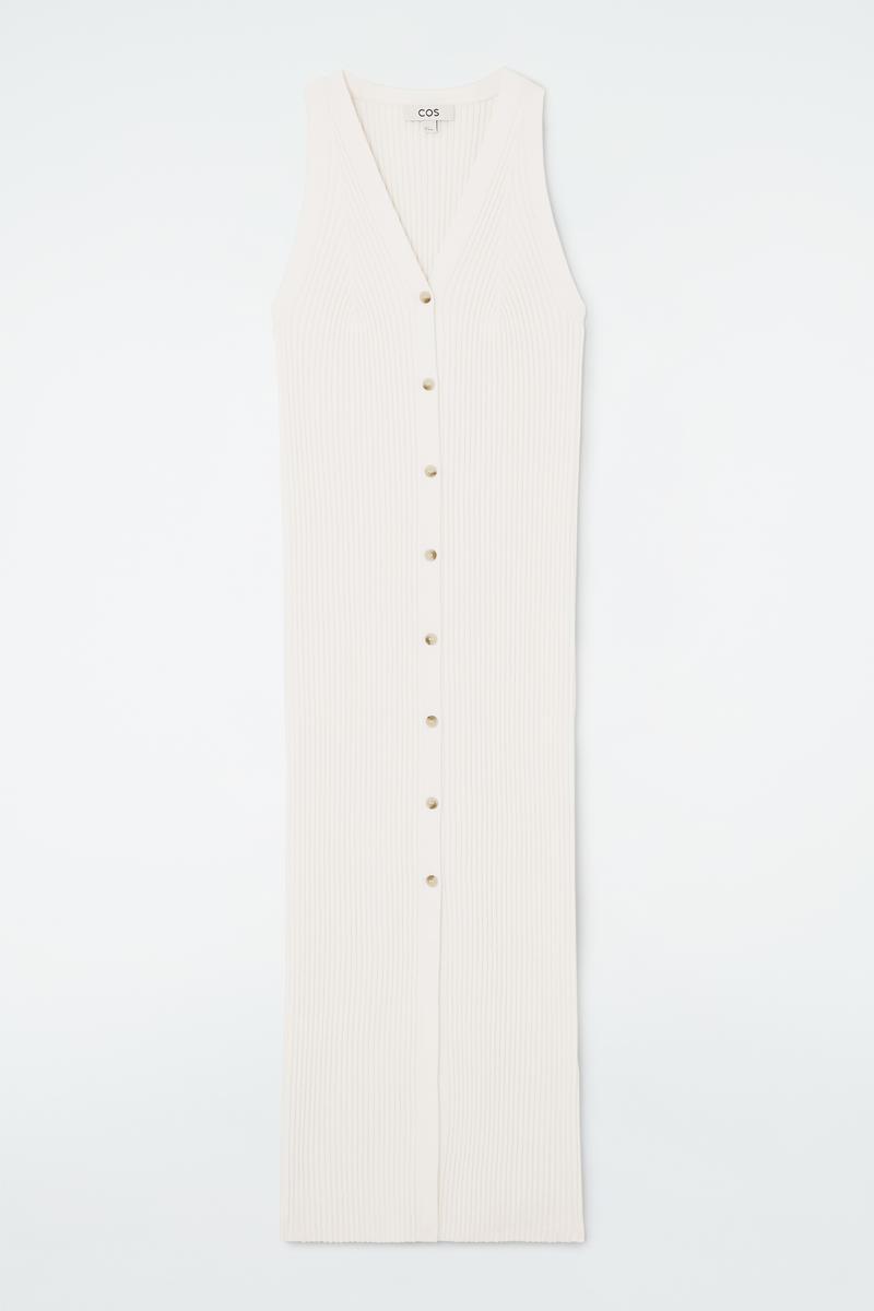 white ribbed dress with buttons 4th & Reckless ribbed knit gold button up collared maxi dress in cream