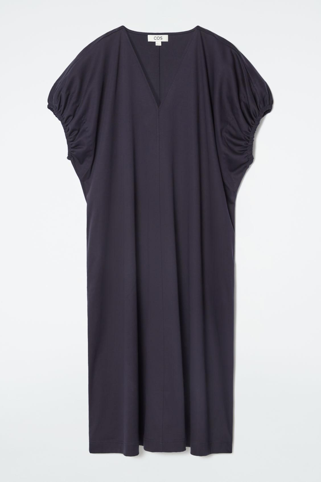 cos ruched dress COS Women's Ruched Dropped-Waist Poplin Midi Dress in Brown