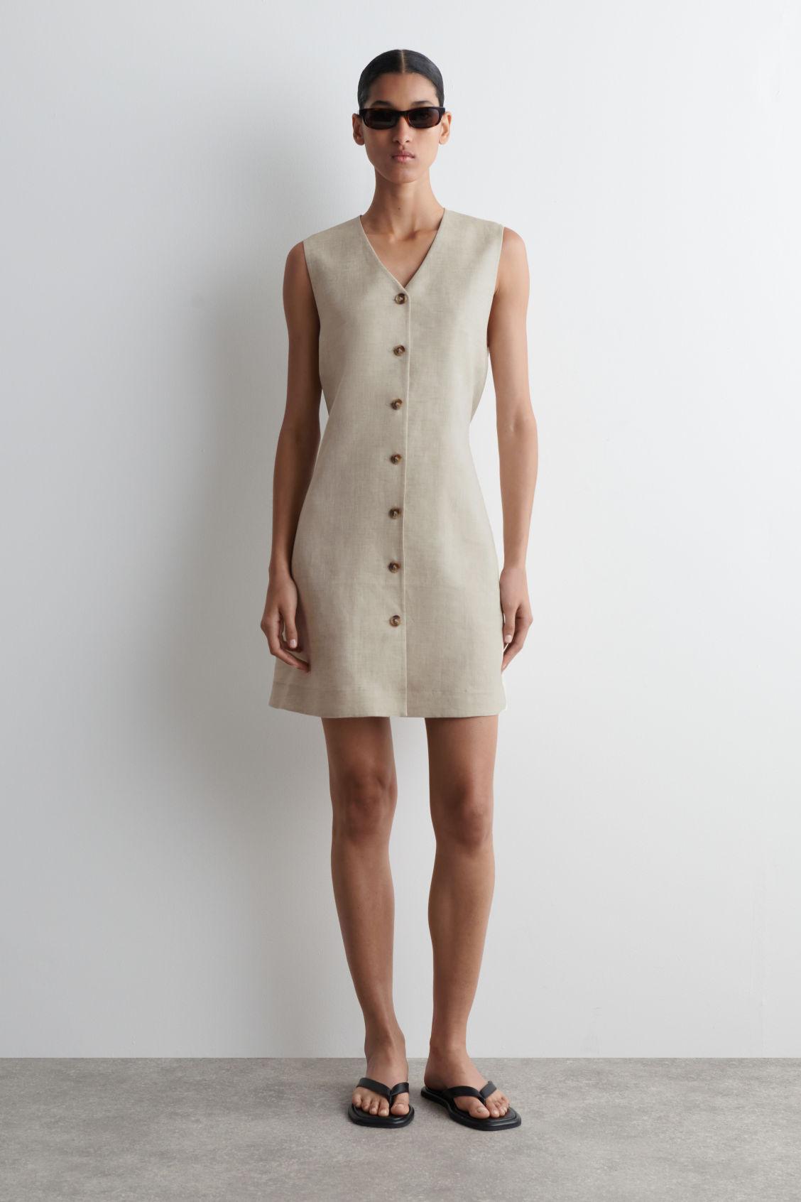 COS Buttoned Linen Mini Dress in Natural | Lyst