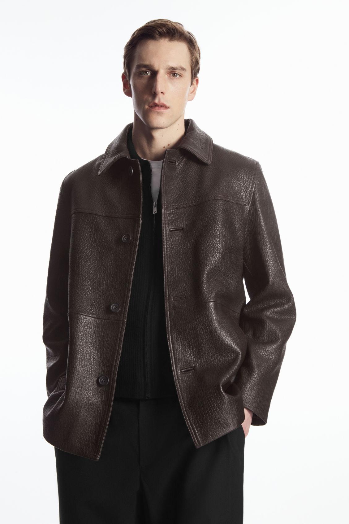 COS Collared Grained-leather Jacket in Black for Men | Lyst