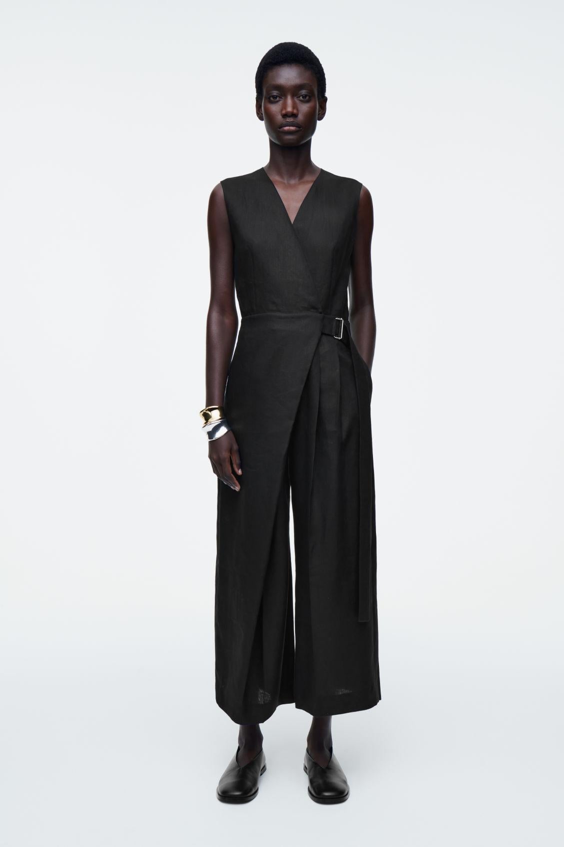 COS Wrap-Front Linen Jumpsuit in Black | Lyst