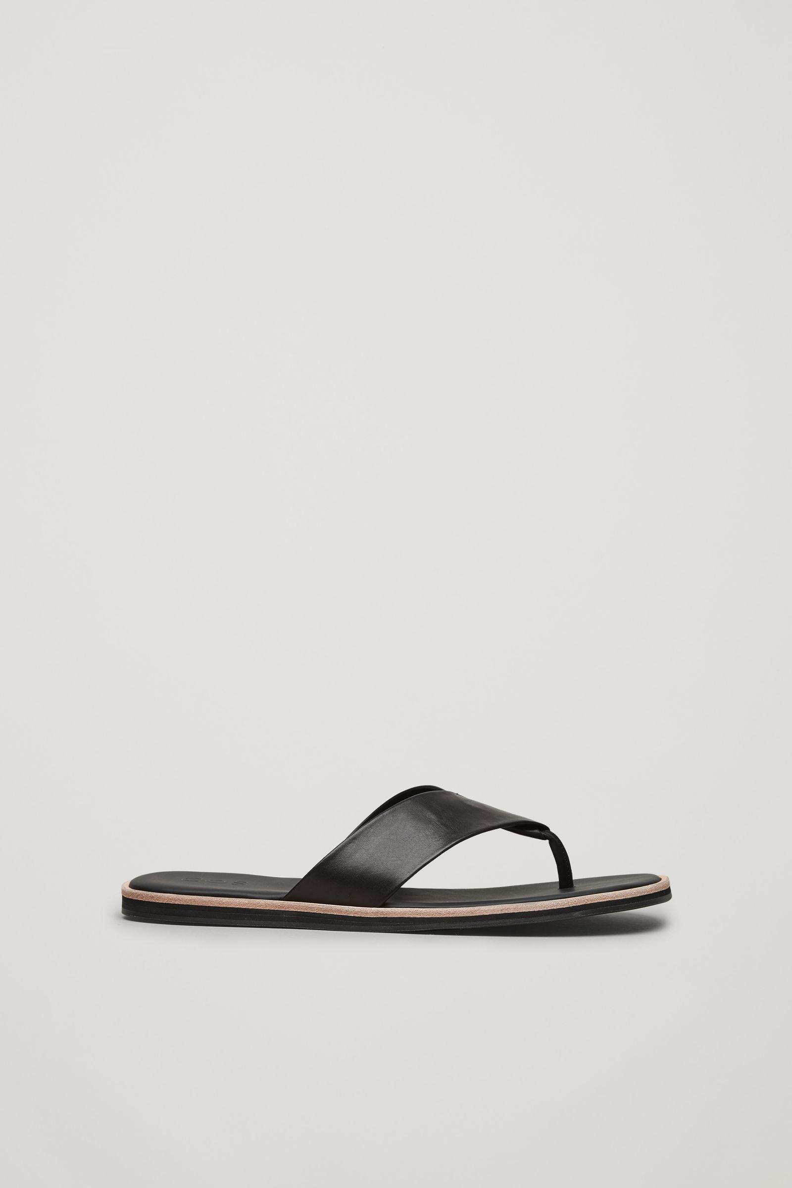 black leather flip flop sandals