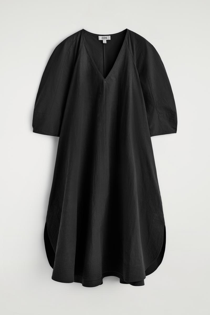 cos black cotton dress COS Women's Dropped-Hem Midi Dress in Black | Cotton