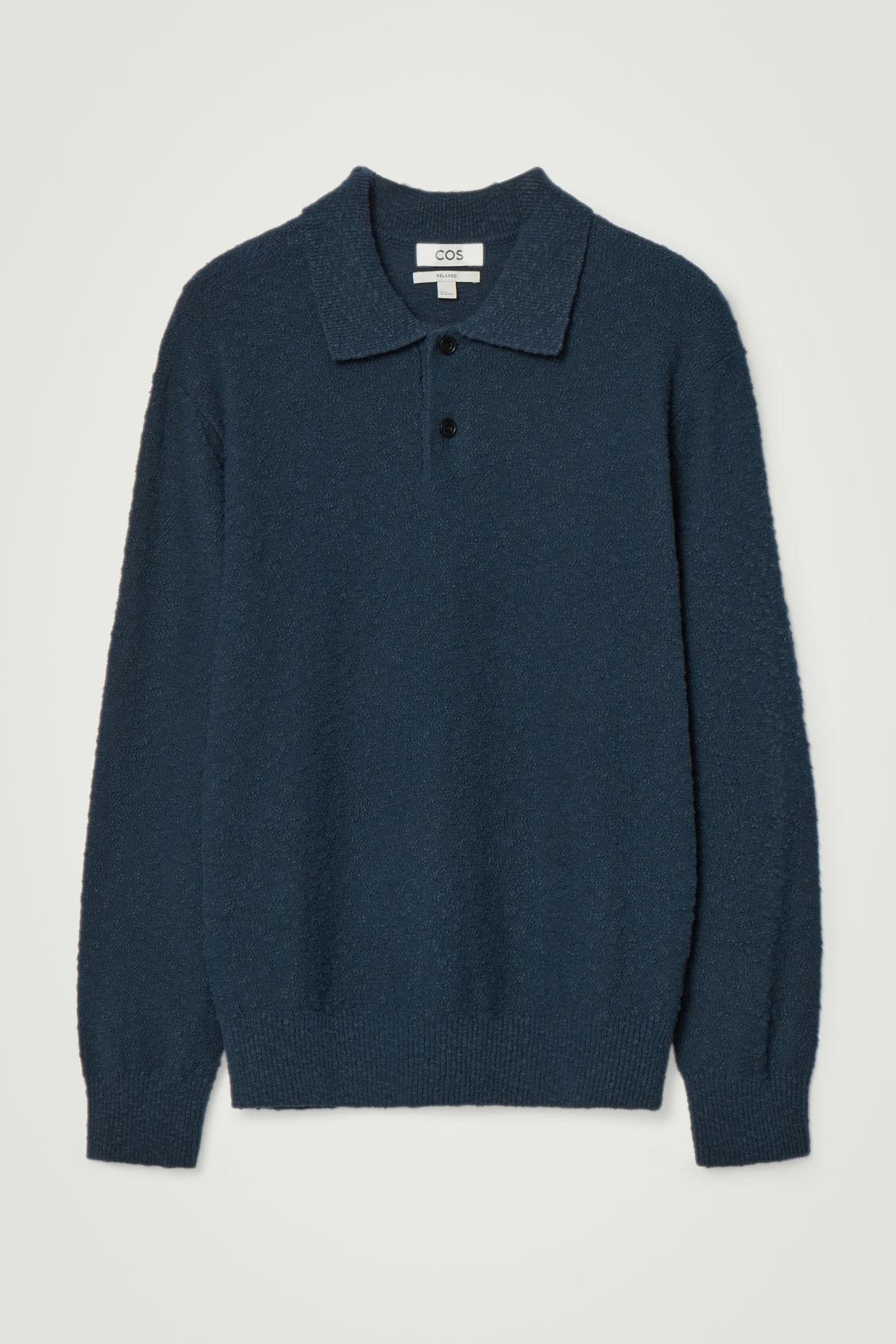 トップス COS KNITTED WOOL LONG-SLEEVED POLO SHIRT COS Bouclé-knit Long-sleeved Polo Shirt in Blue for Men | Lyst