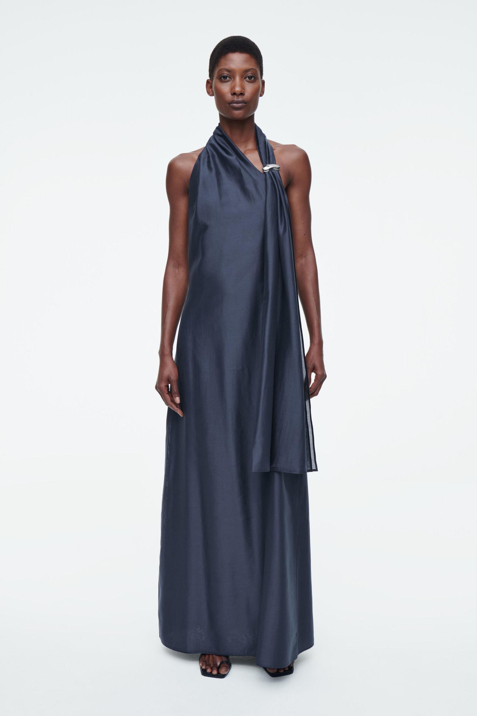 asymmetric brooch-detail maxi dress COS in Blue Buy PINK FORT Women Fall wedding guest Versatile yet elevated Dress Fit:Petite