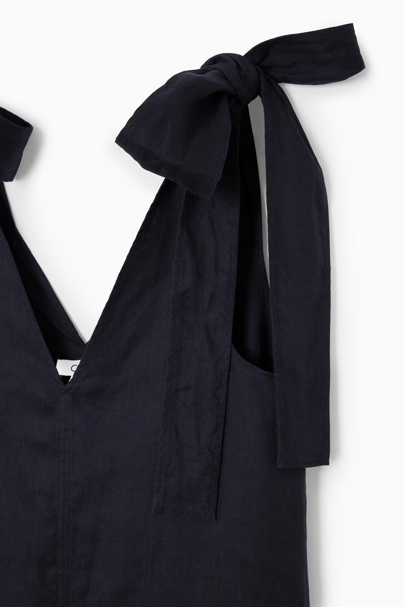 cos bow detail linen dress COS Women's Pleated Bow-Detail Midi Shirt Dress in Navy
