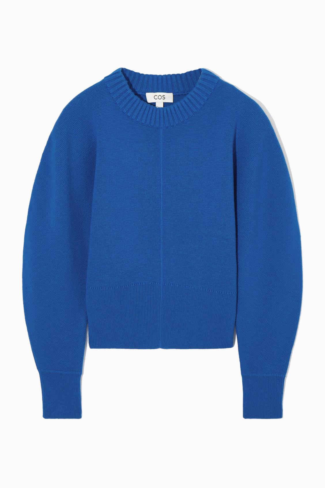 COS Power shoulder Waisted Jumper in Blue Lyst