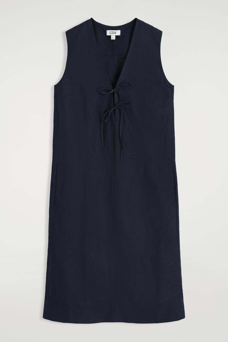 COS Linen-Blend Tie-Front Midi Dress in Blue | Lyst
