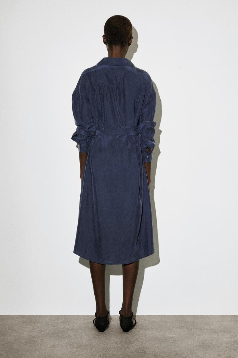 cos gathered shirt dress COS Gathered Washed-Silk Midi Shirt Dress in Blue
