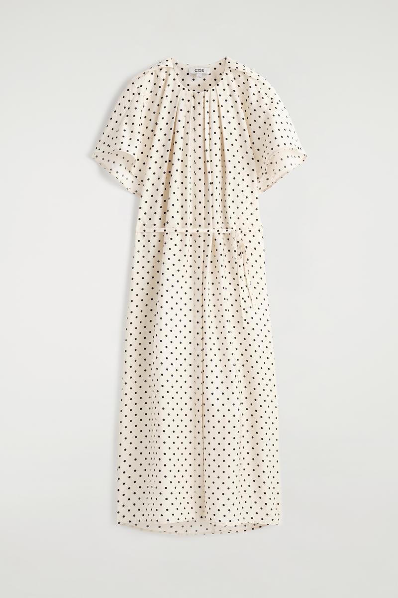 cos waisted pleated midi dress PLEATED BELTED MIDI DRESS - IVORY / POLKA DOT