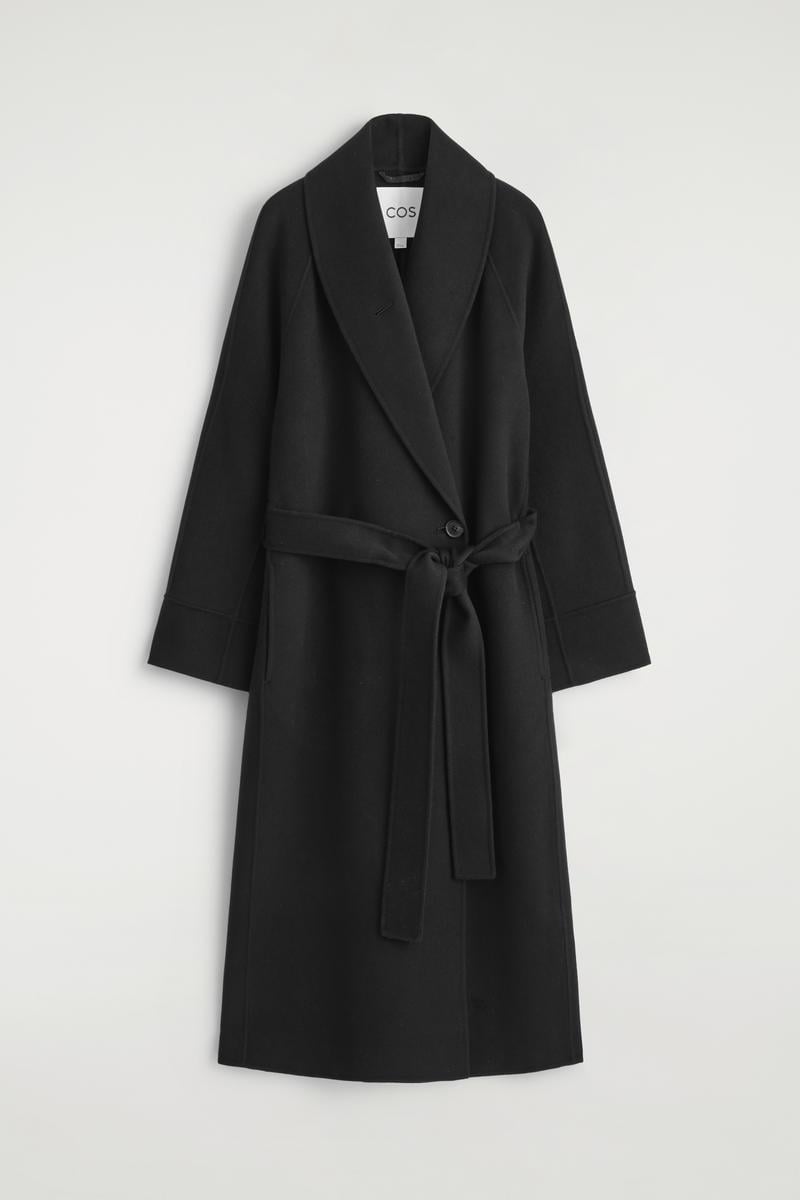 COS Belted Double-Faced Wool Long Coat in Black
