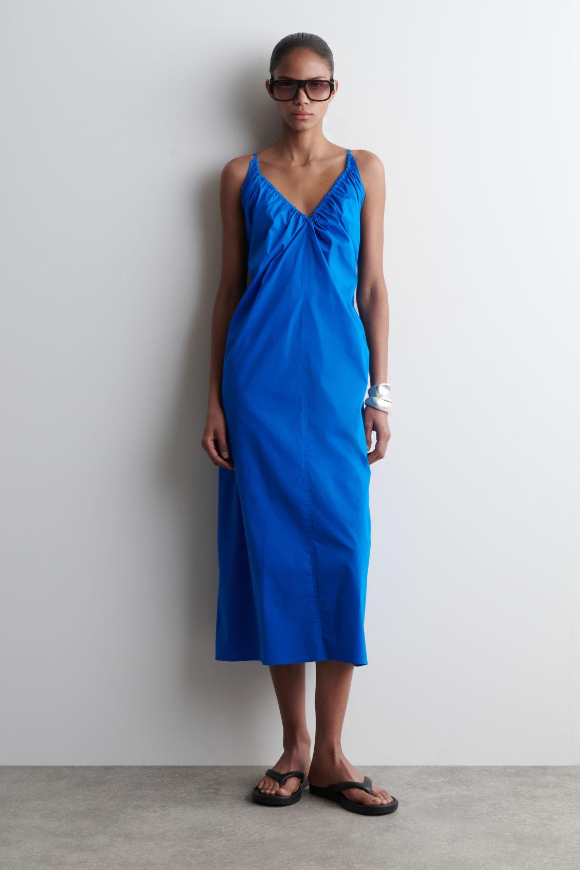 COS Gathered V-Neck Maxi Dress in Blue | Lyst