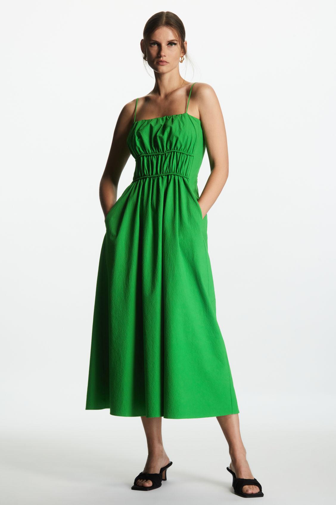 COS Shirred Midi Dress in Green