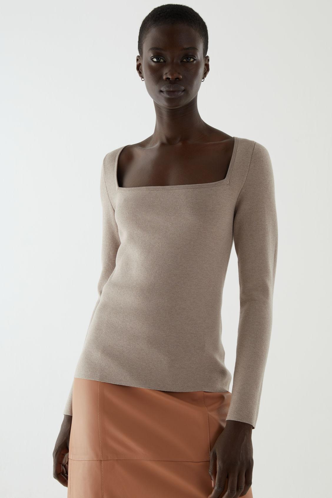 COS Cotton-silk Mix Square Neck Long Sleeve Top in Natural | Lyst