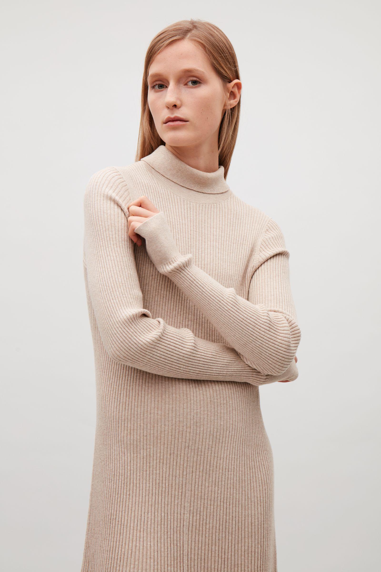 White Cos Knitted Dress Responsible Mulesing-free Merino Wool Long Sleeve  Ribbed