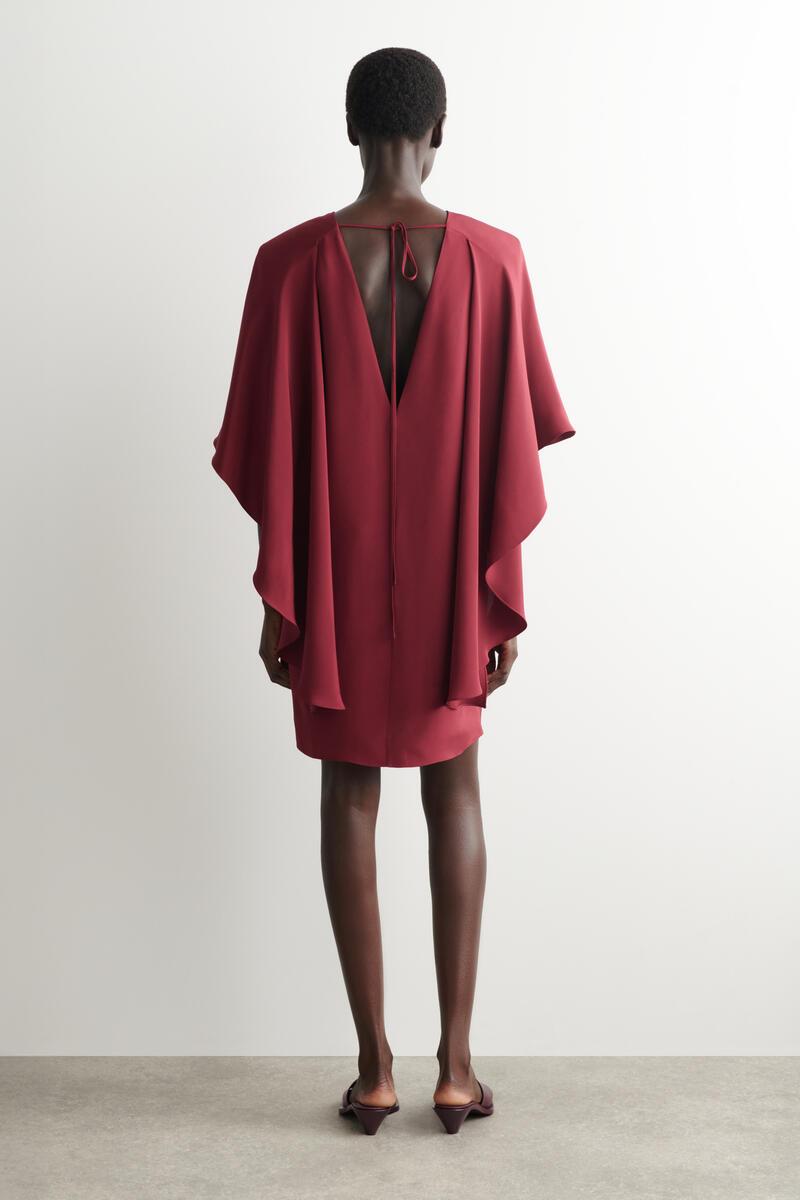 open lace back dress Sparkly Long Wine Red Wedding-Guest Dress with Cape PromGirl