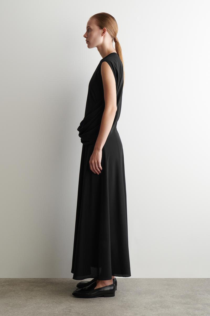 cos draped pleated maxi dress COS Women's Gathered Pleated V-Neck Maxi Dress in Green