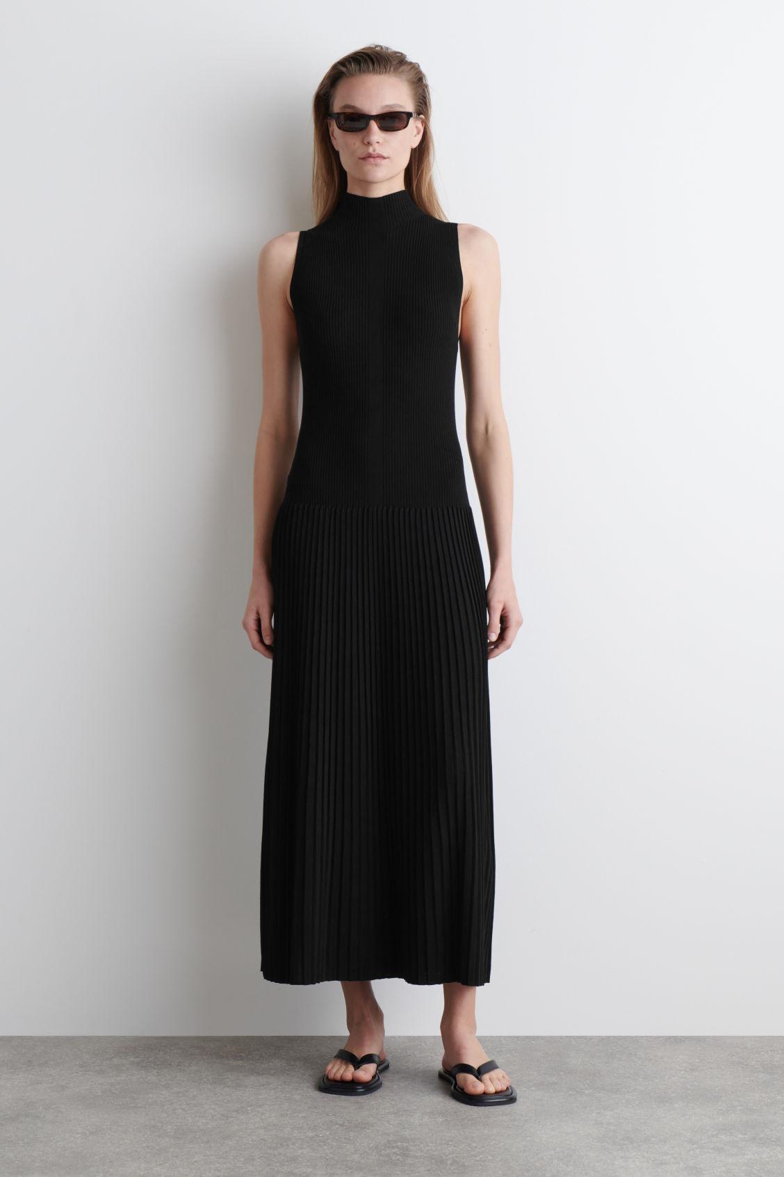 COS Pleated High-Neck Maxi Dress in Black | Lyst