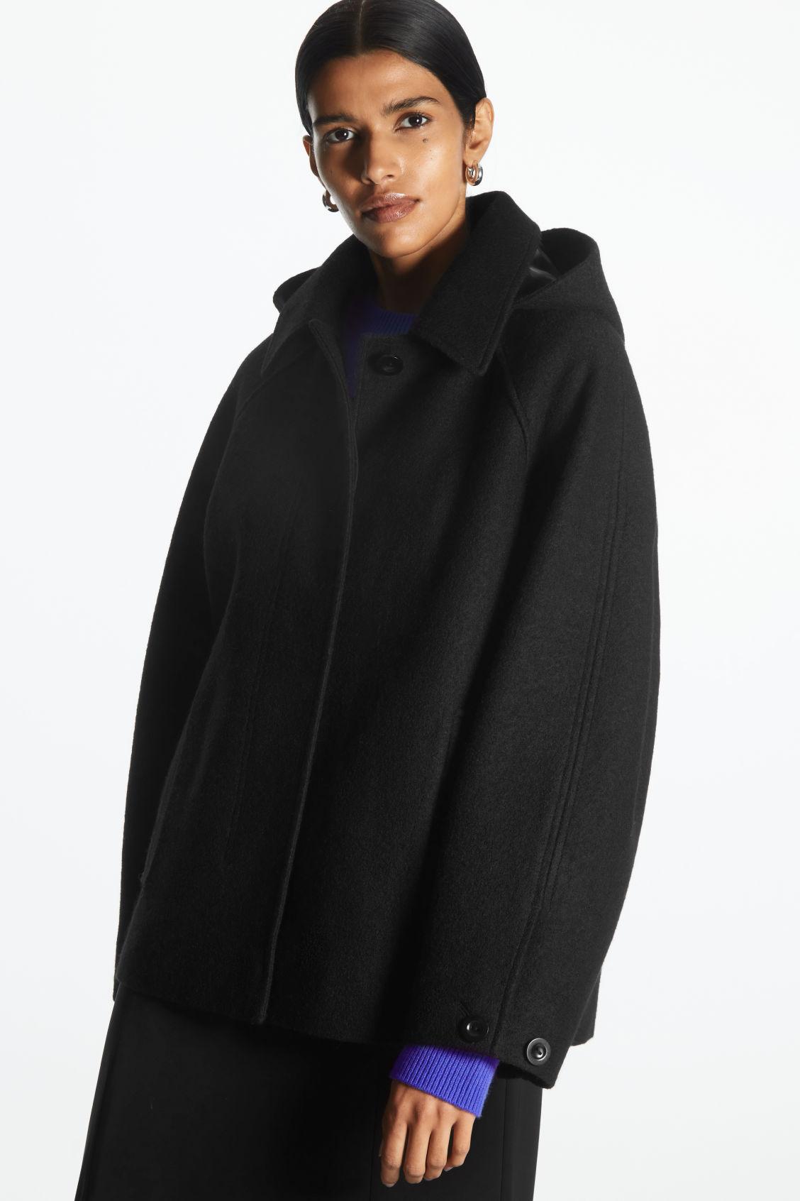 COS Hooded Boiled-wool Coat in Black | Lyst