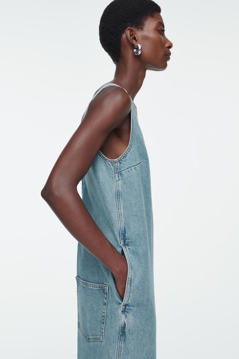 cos v neck denim dress COS Women's V-Neck Open-Back Denim Mini Dress in White | Cotton