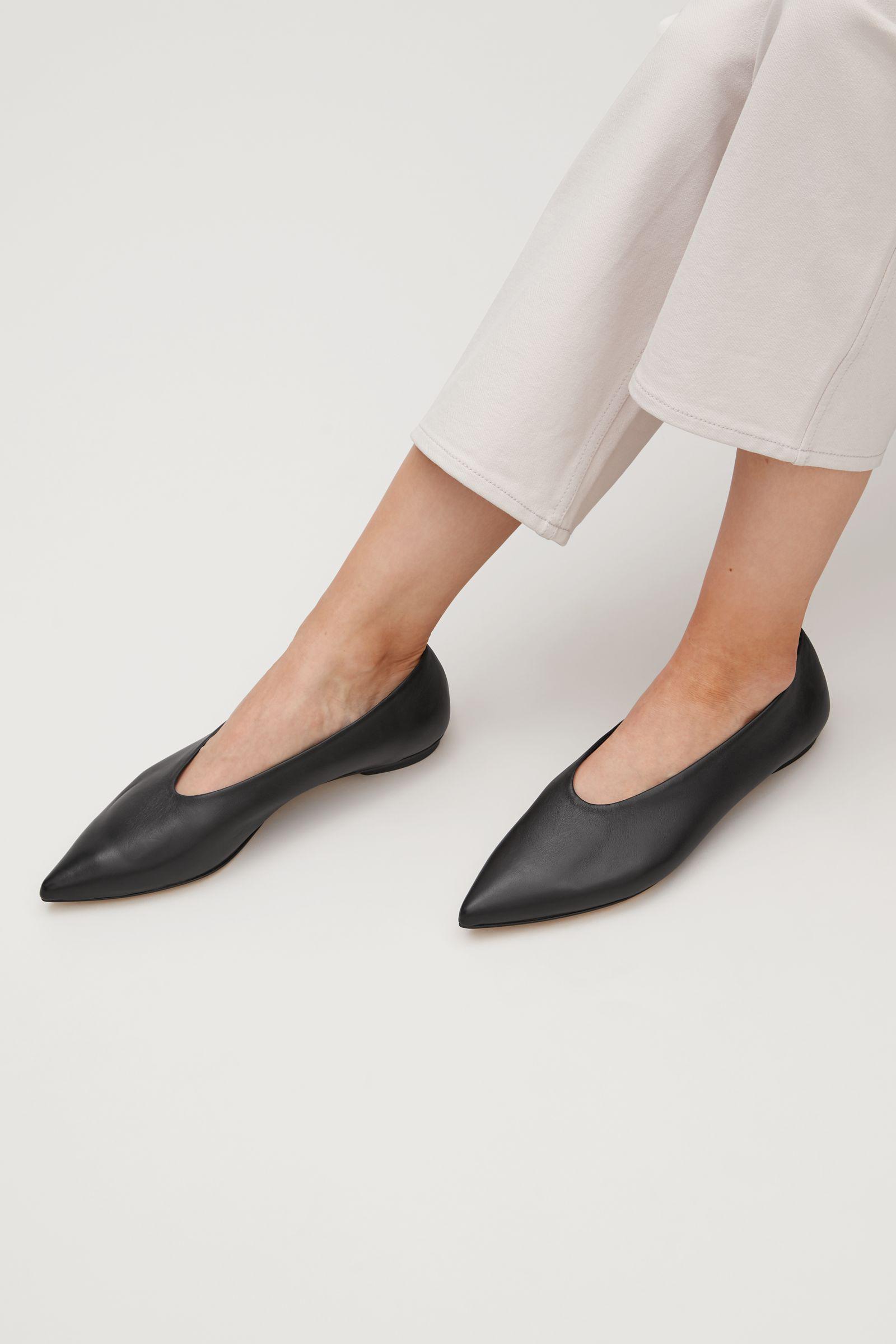 Buy > black pointed leather flats > in stock