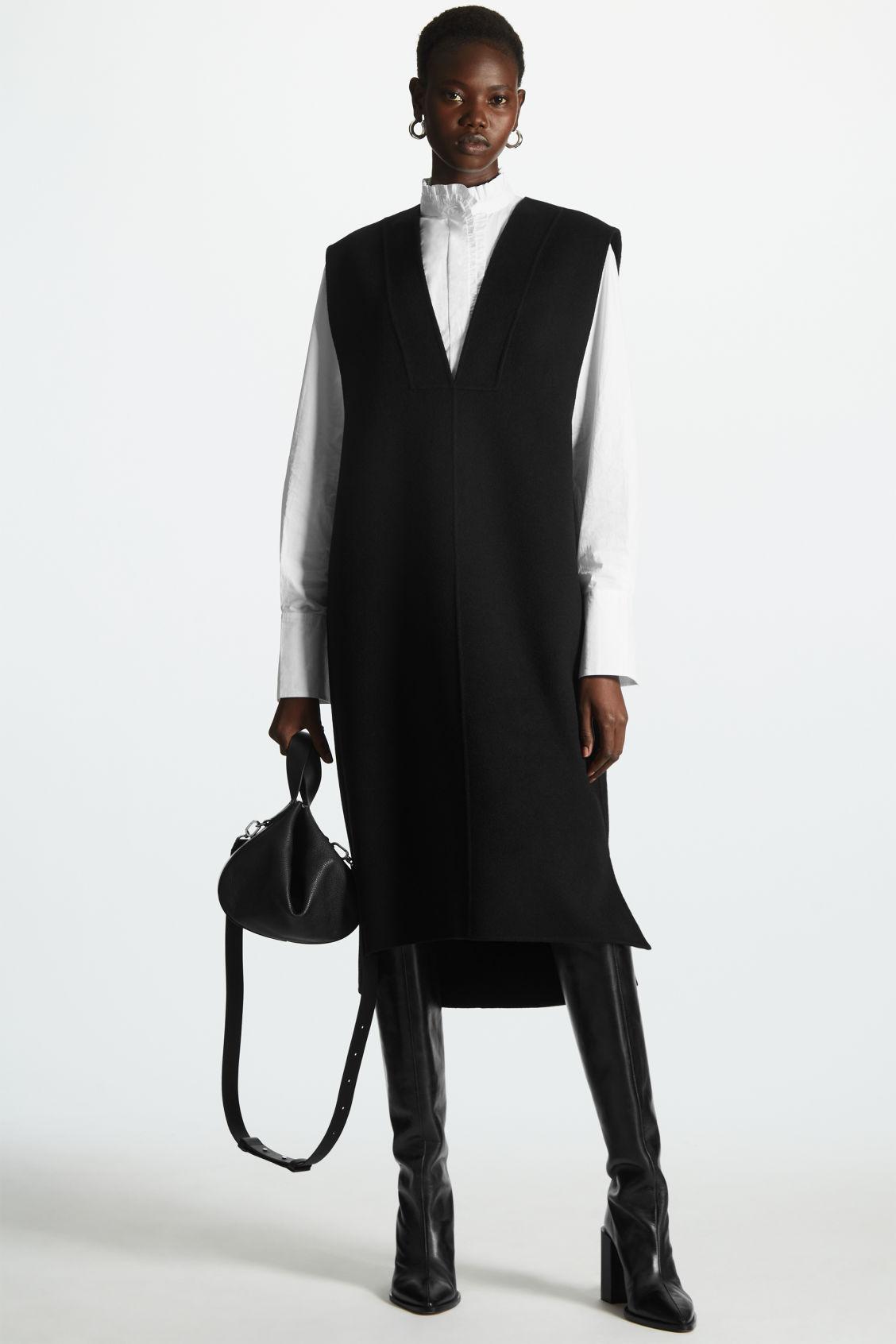 COS Oversized V-neck Wool Dress in Black | Lyst