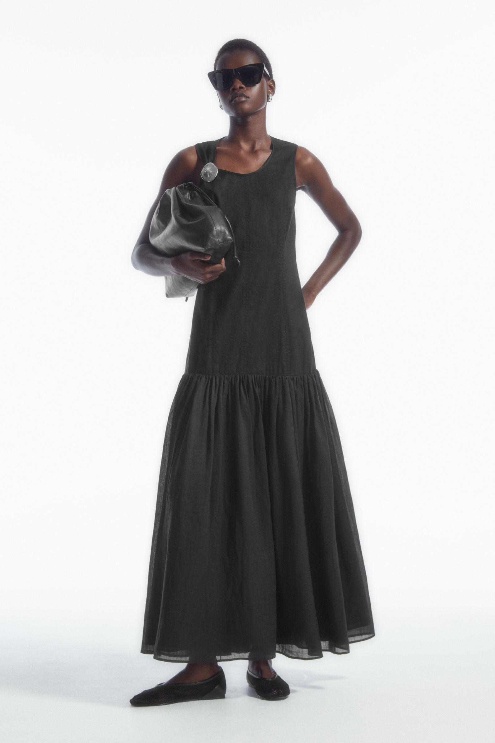cos black drop waist dress COS Women's Dropped-Hem Midi Dress in Black | Cotton