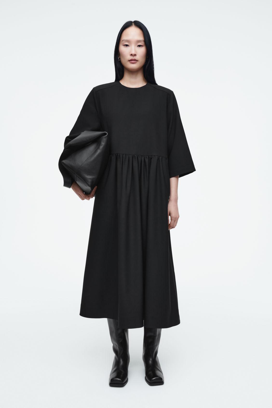 COS Gathered Wool-blend Midi Dress in Black | Lyst