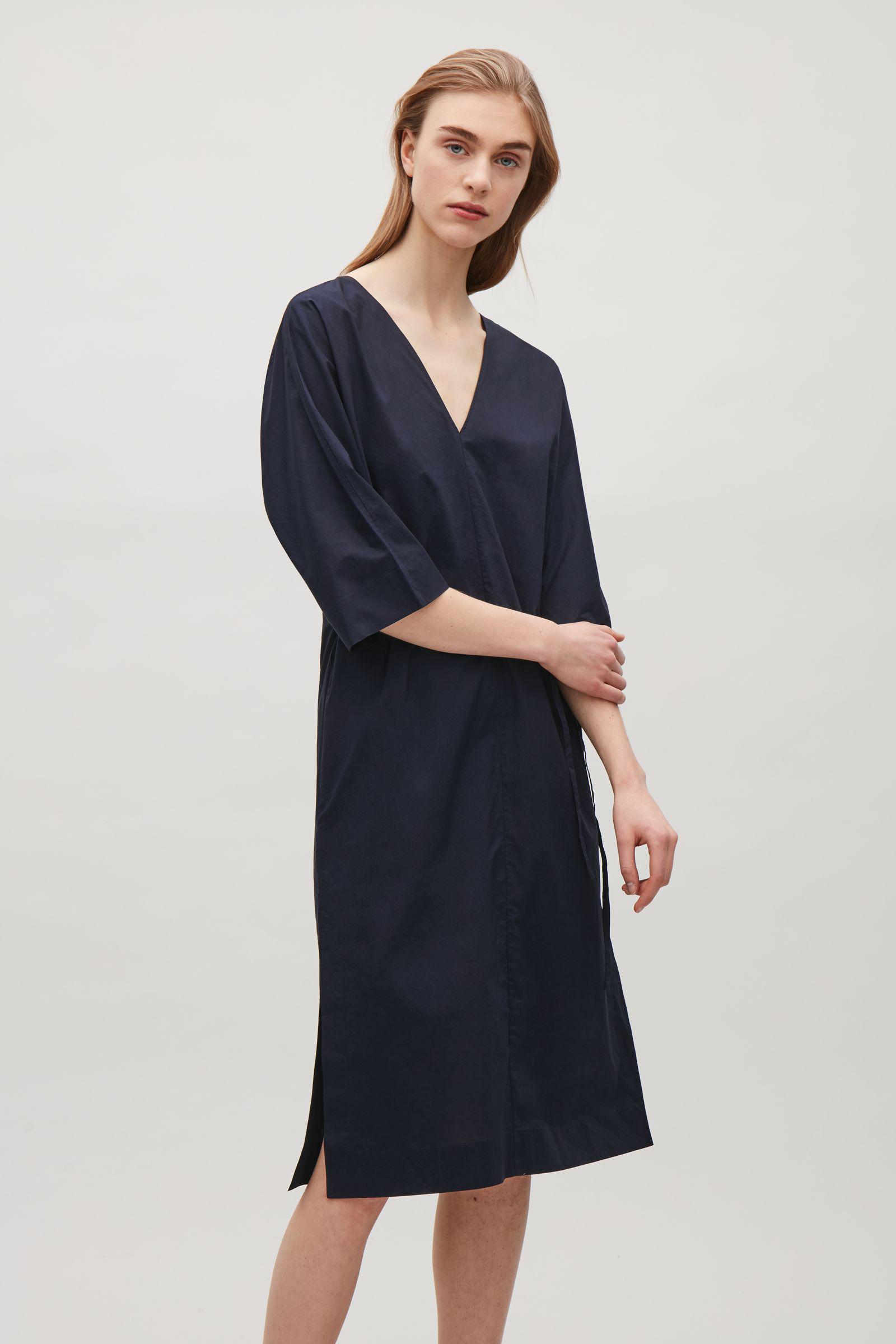 COS Cotton V-neck Kaftan Dress in Navy 
