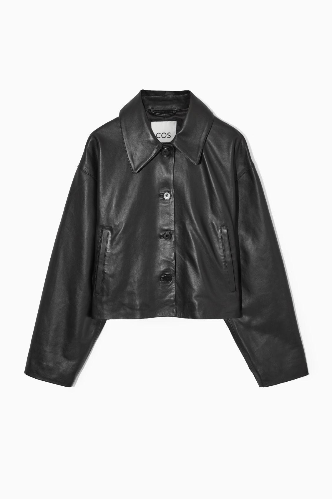 COS Oversized Cropped Leather Blouson Jacket in Black | Lyst