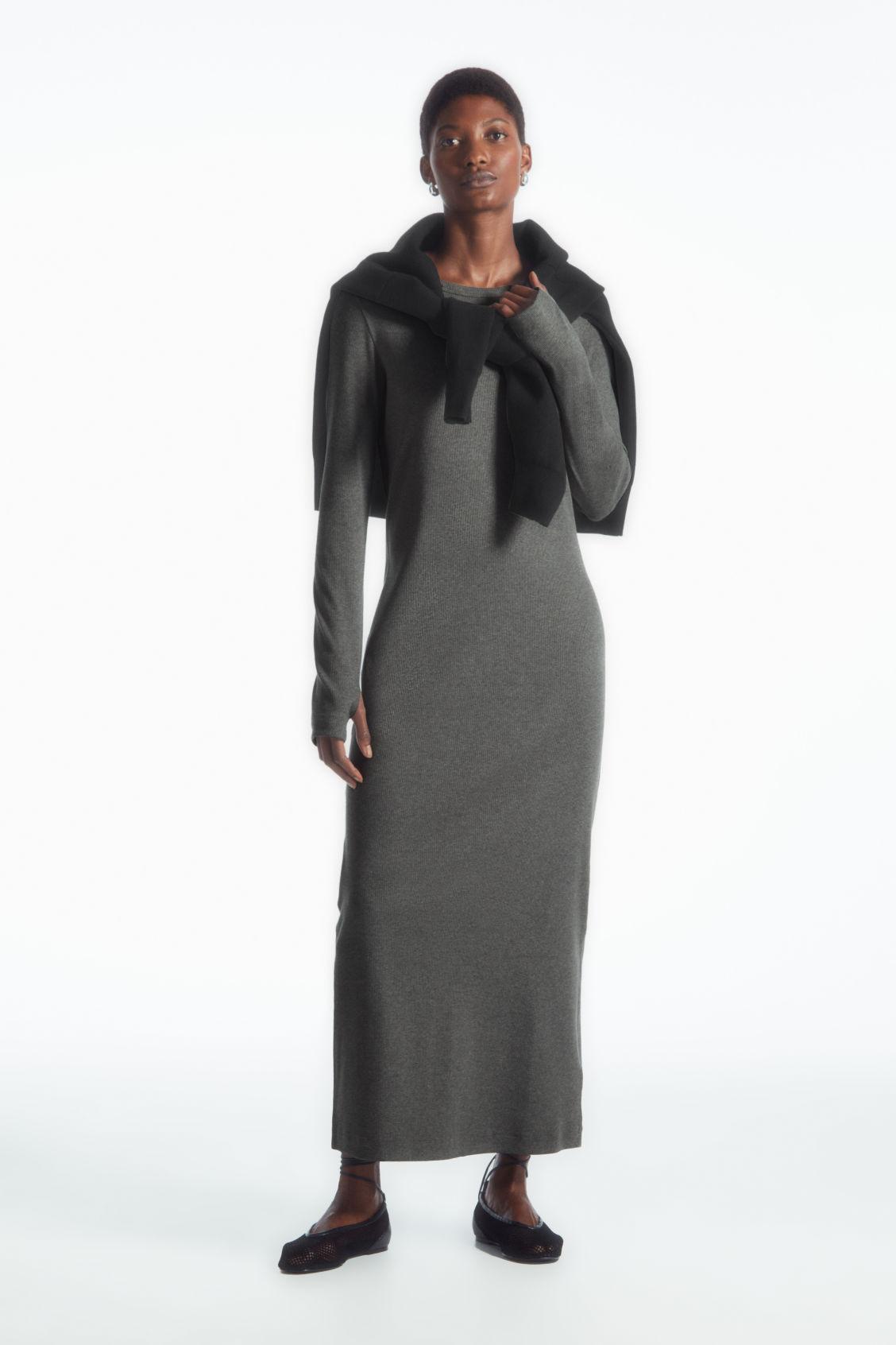 COS Ribbed Long-sleeved Midi Dress in Gray | Lyst