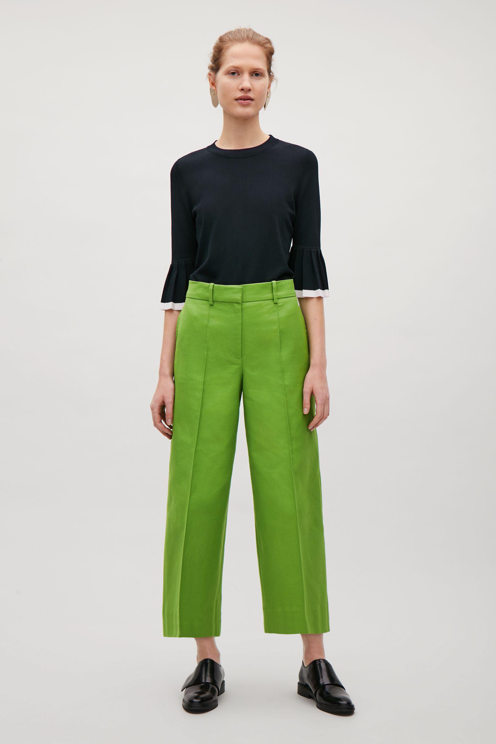 COS Cotton Cropped Wide-leg Trousers in Green - Lyst