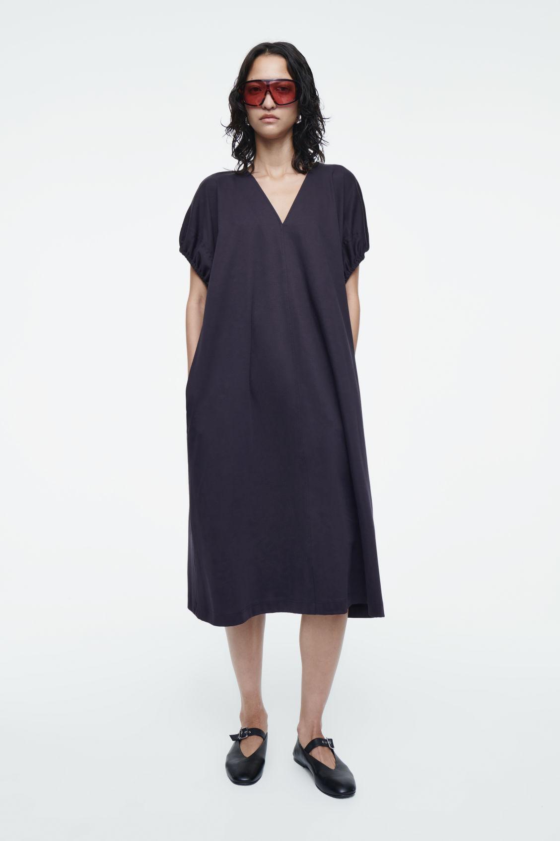 ruched maxi dress cos COS Women's Gathered V-Neck Maxi Dress in Black