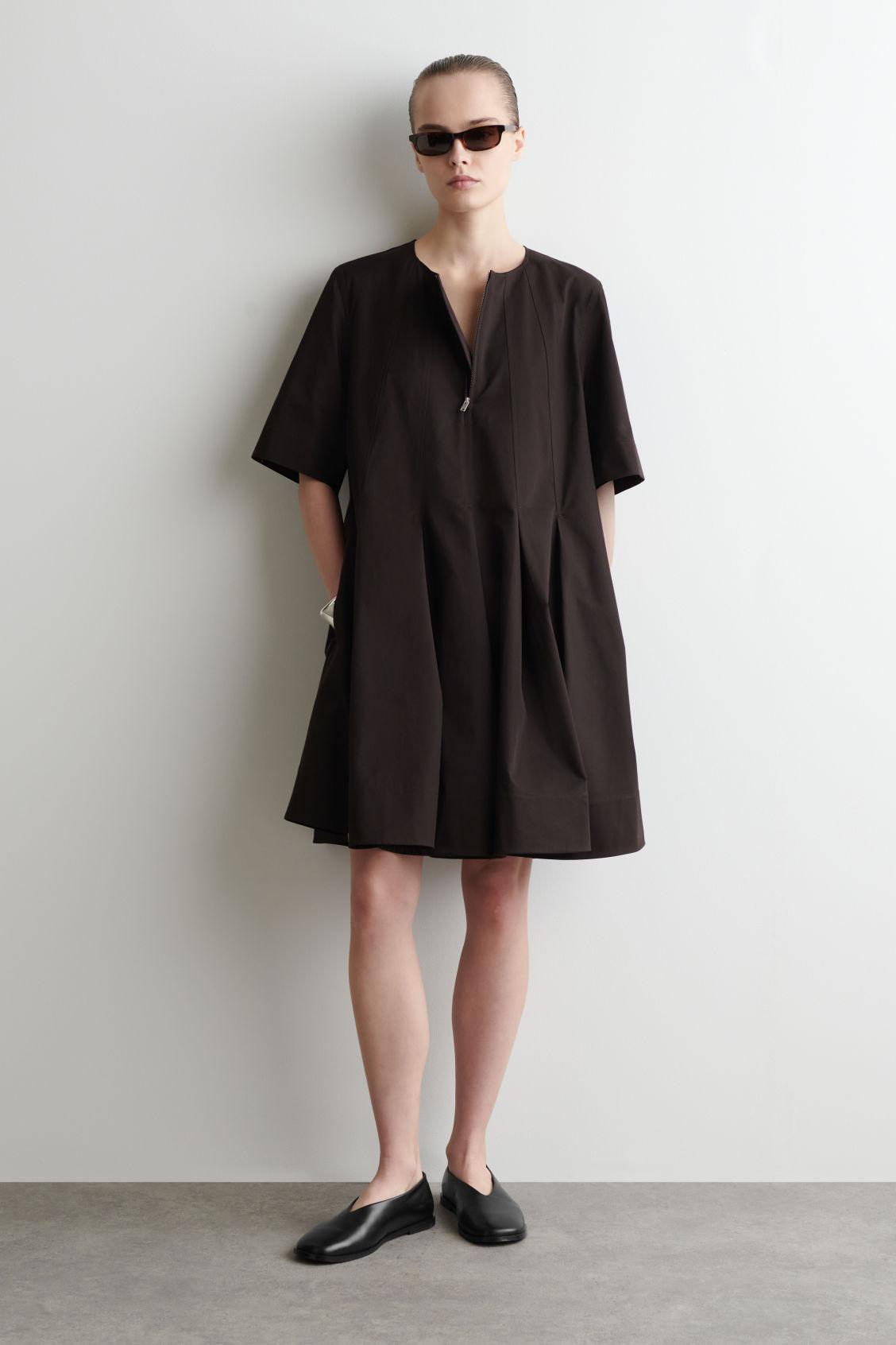 pleated zip up cotton mini dress COS Pleated Zip-Up Cotton Mini Dress in Black