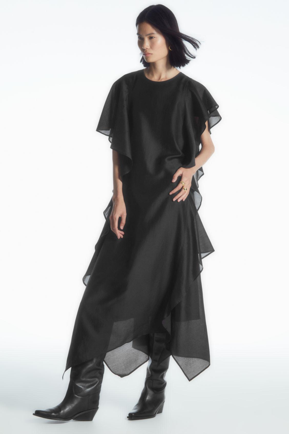 COS Ruffled Asymmetric Midi Dress in Black | Lyst