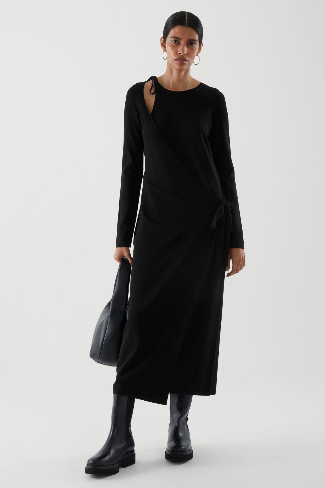 COS Asymmetric Knitted Wrap Dress in Black