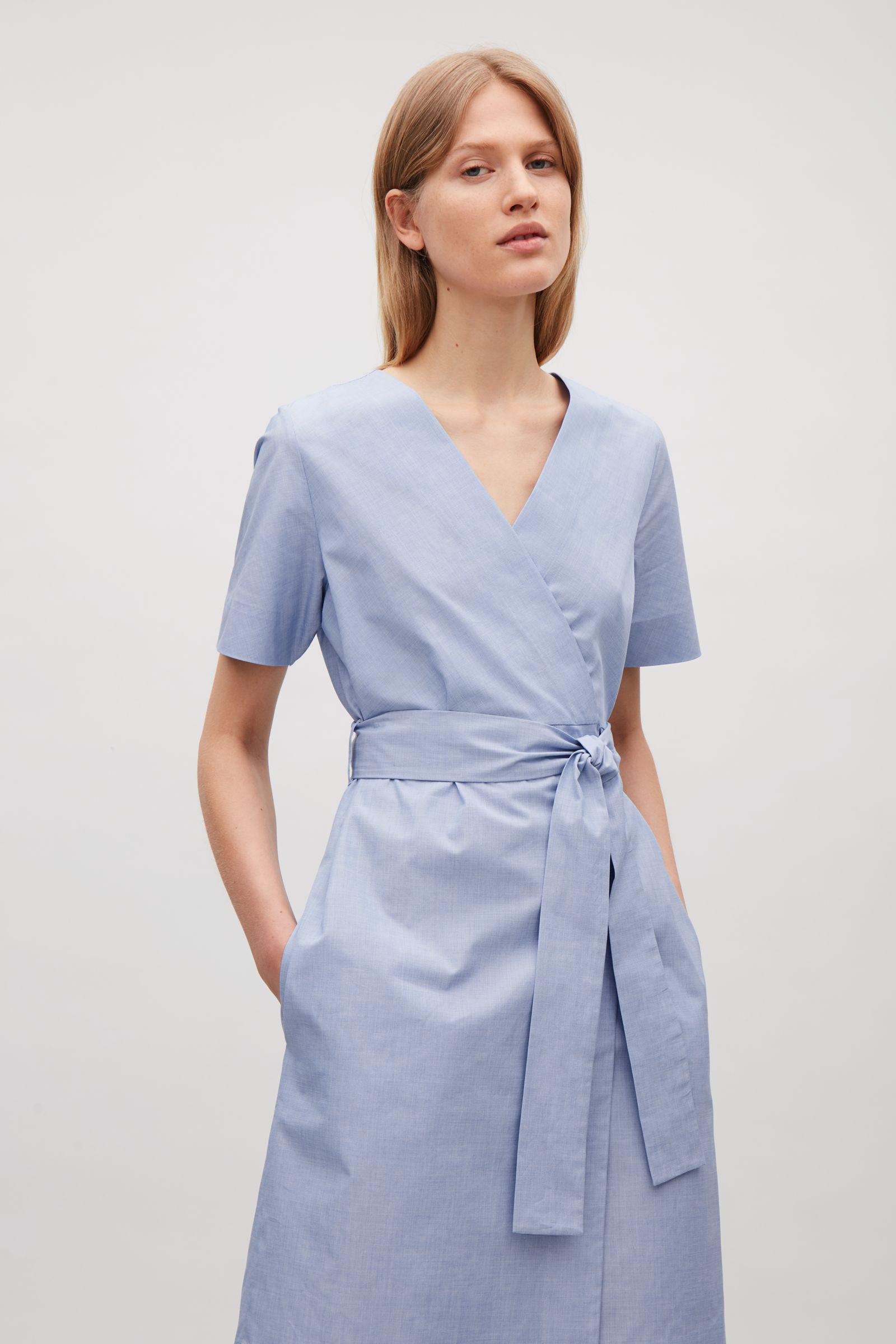 Cos Wrap Over Cotton Dress In Sky Blue Blue Lyst