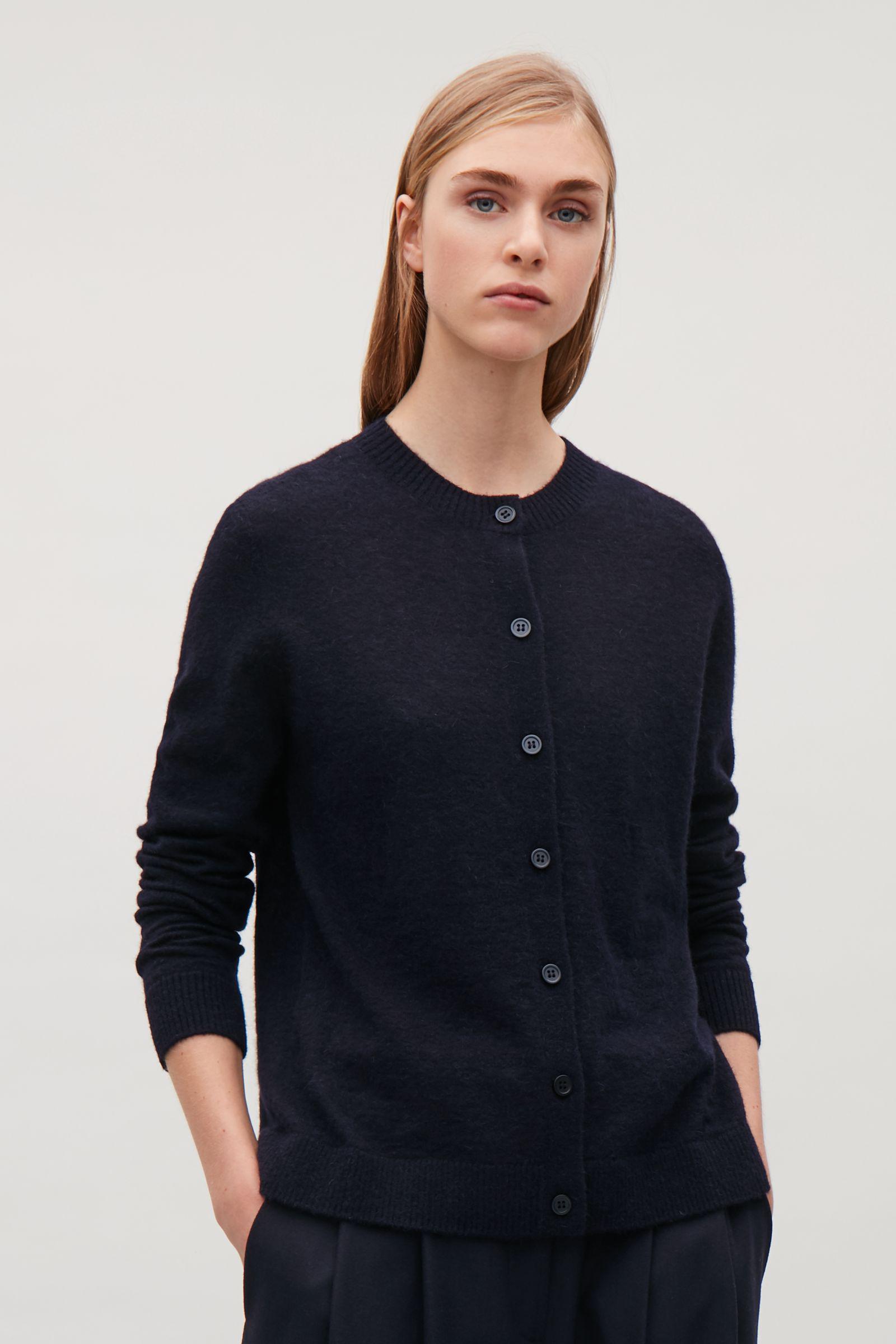 COS Wool Round-neck Cardigan With Back Pleat in Navy (Blue) - Lyst