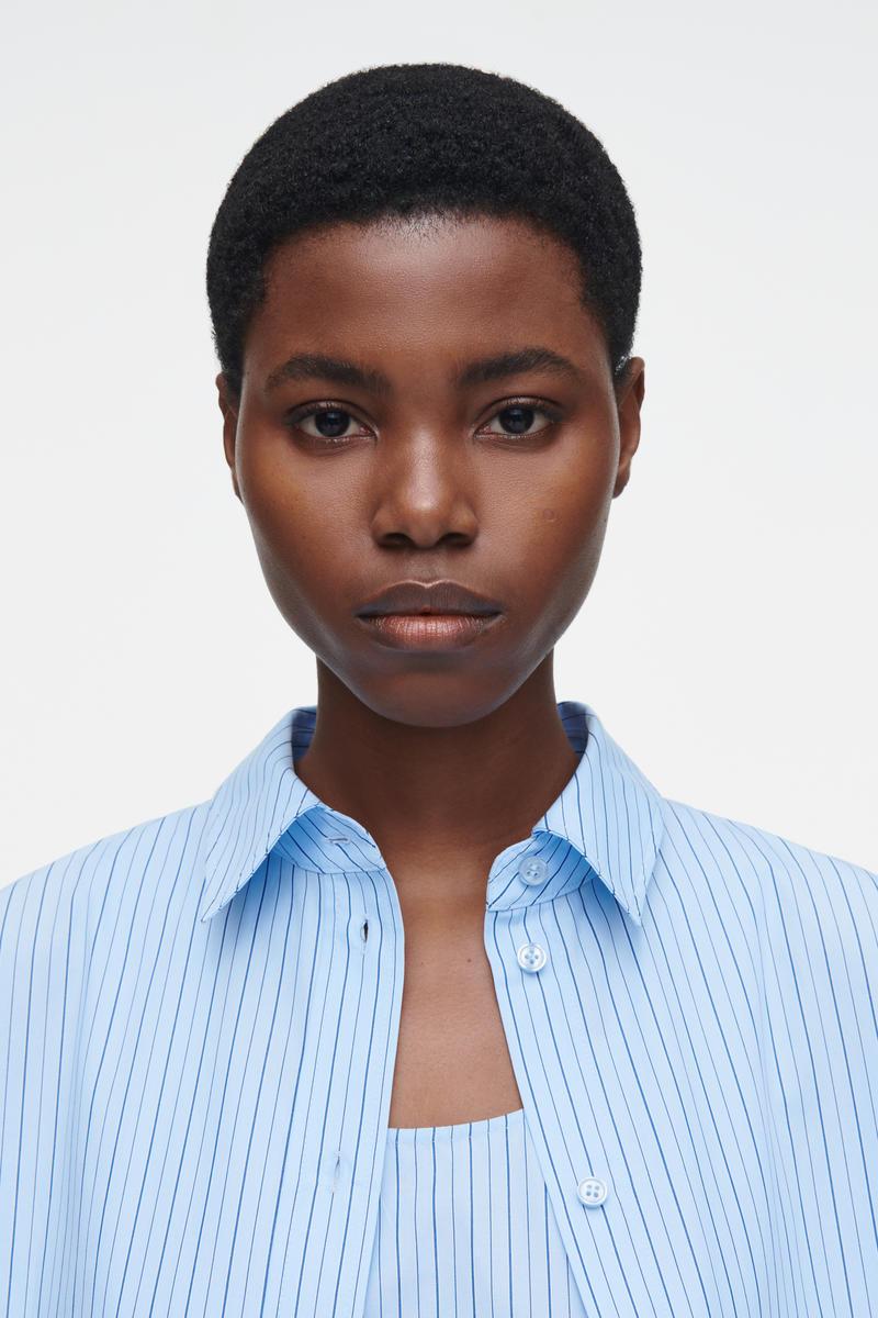 cos blue striped dress COS Layered Striped Trapeze Shirt Dress in Blue