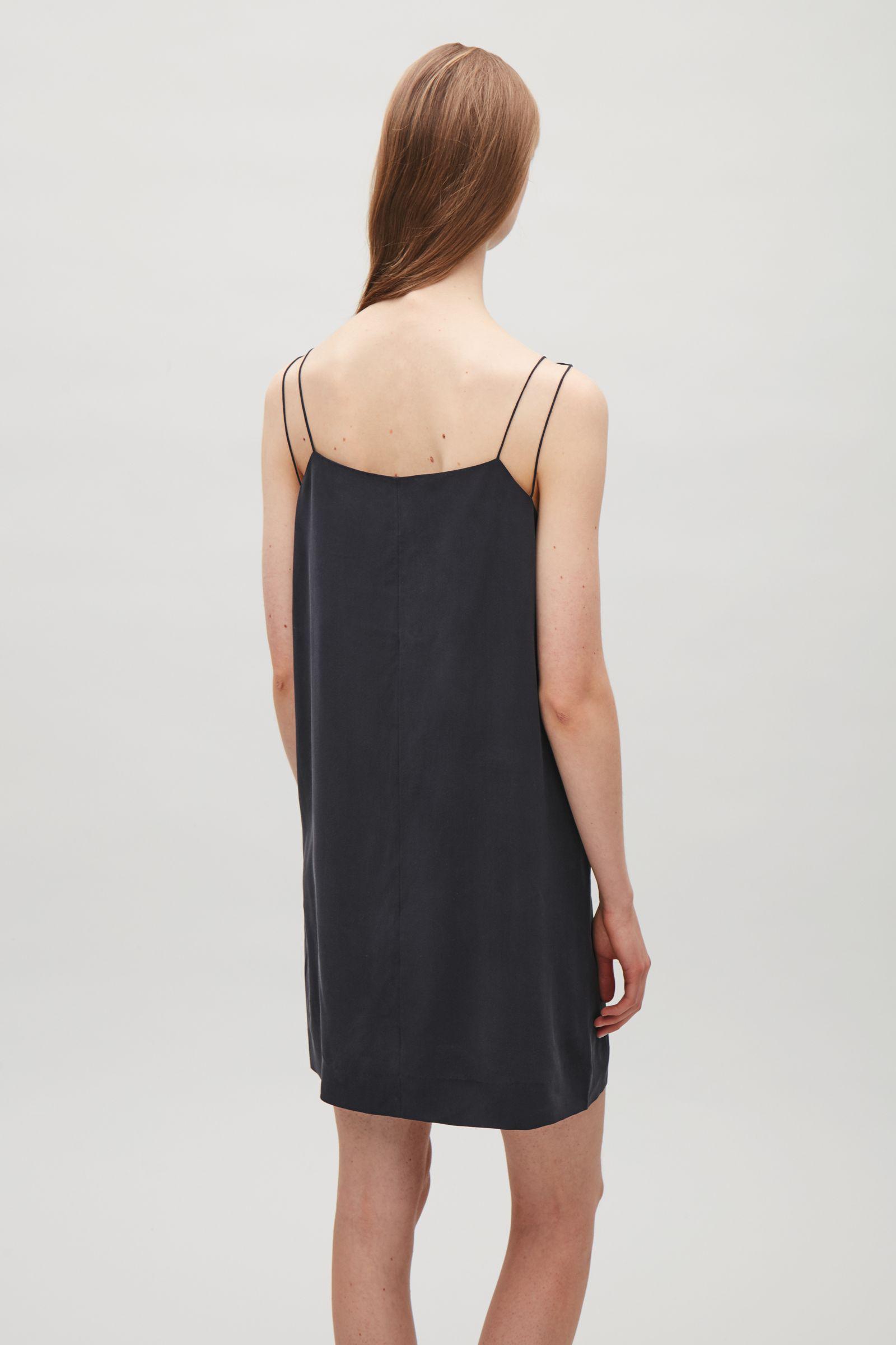 cos navy silk dress COS Women's Gathered Washed- Midi Shirt Dress in Navy | Silk
