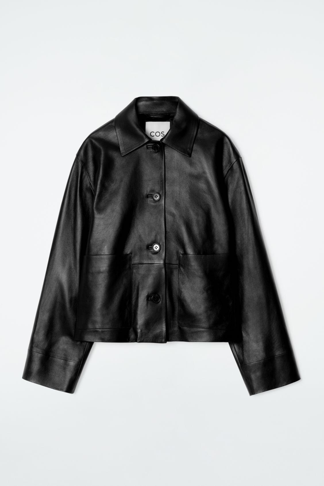 COS Boxy Collared Leather Jacket in Black | Lyst