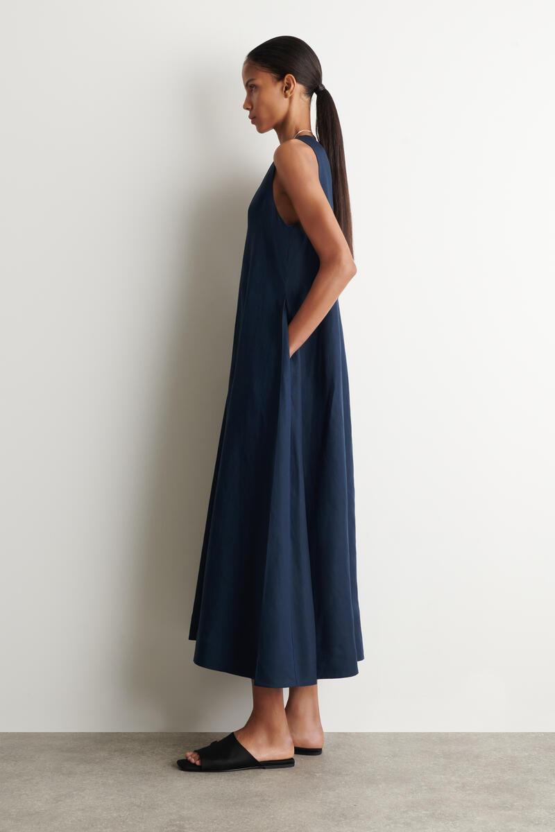 cos a line dress COS A Line Jersey Short Sleeve Trapeze Dress Womens Medium Blue Cotton Stretch