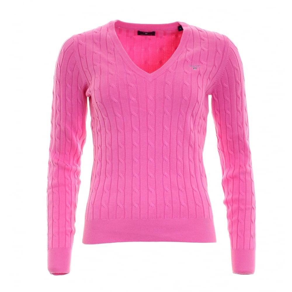 GANT Stretch Cotton Cable V-neck Ladies Jumper in Pink | Lyst Canada