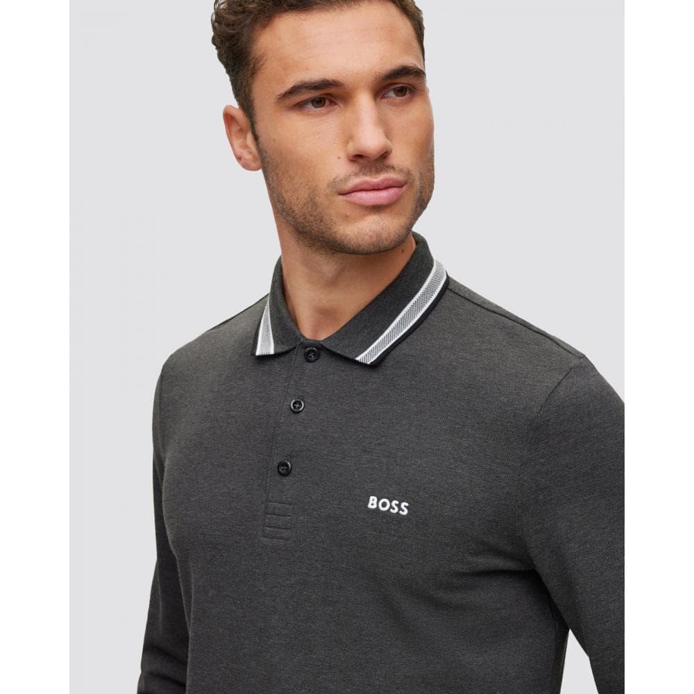 BOSS Green Plisy Collar Stripe Long Sleeve Polo Shirt in Gray for Men | Lyst