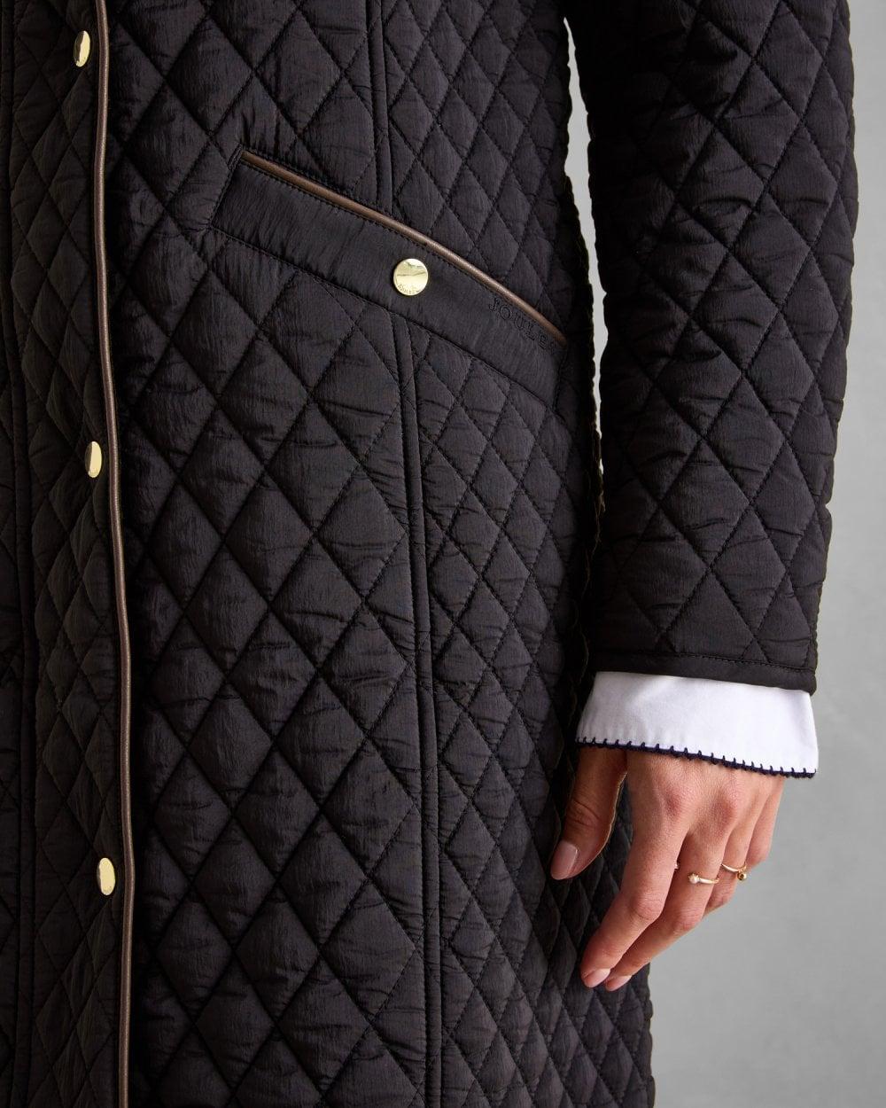 Joules Rosewell Long Quilted Jacket in Black Lyst