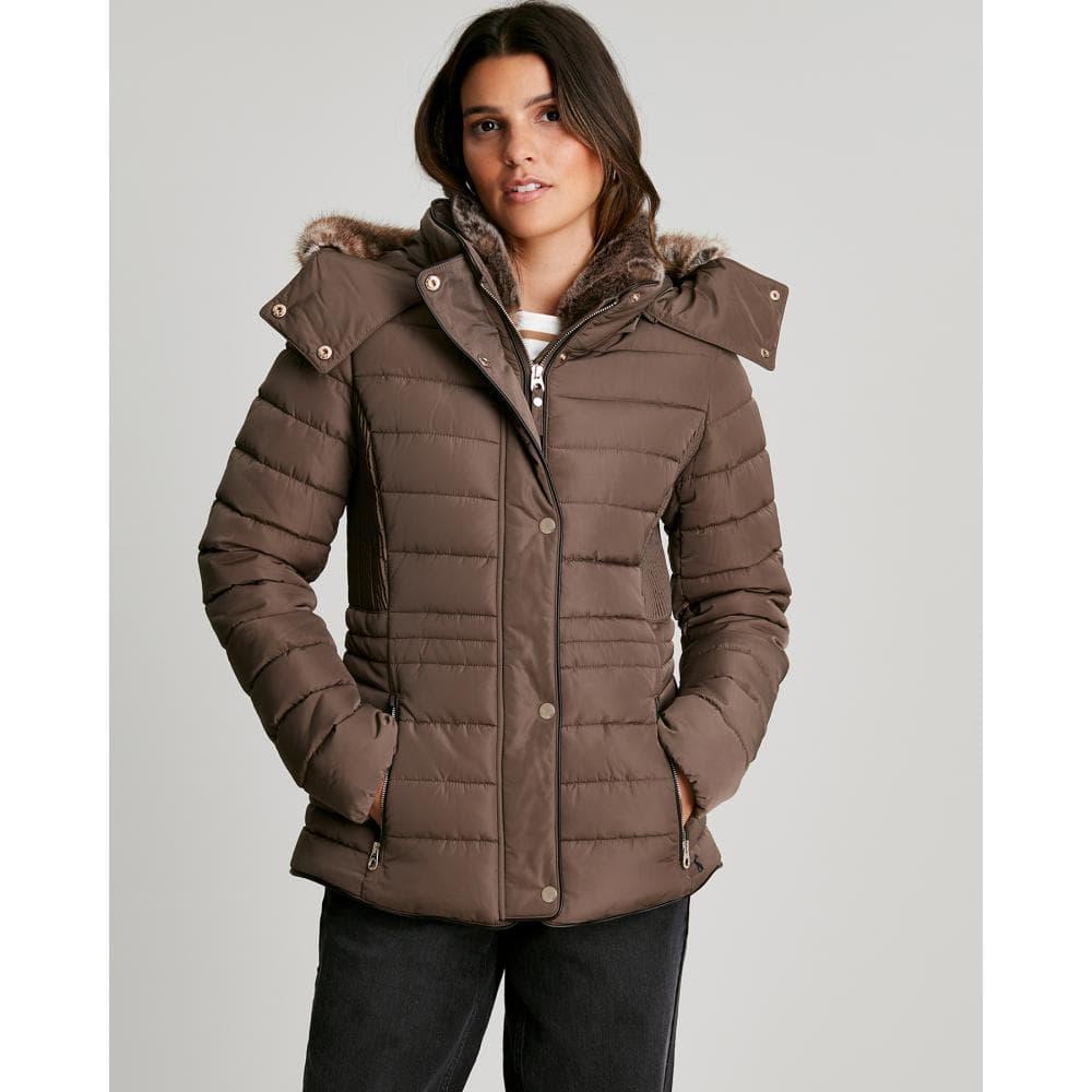 Joules Gosway Faux Fur Trim Padded Coat in Brown | Lyst