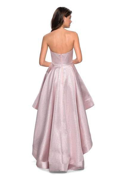 La Femme Metallic Strapless Sweetheart Highlow Gown With Pockets in