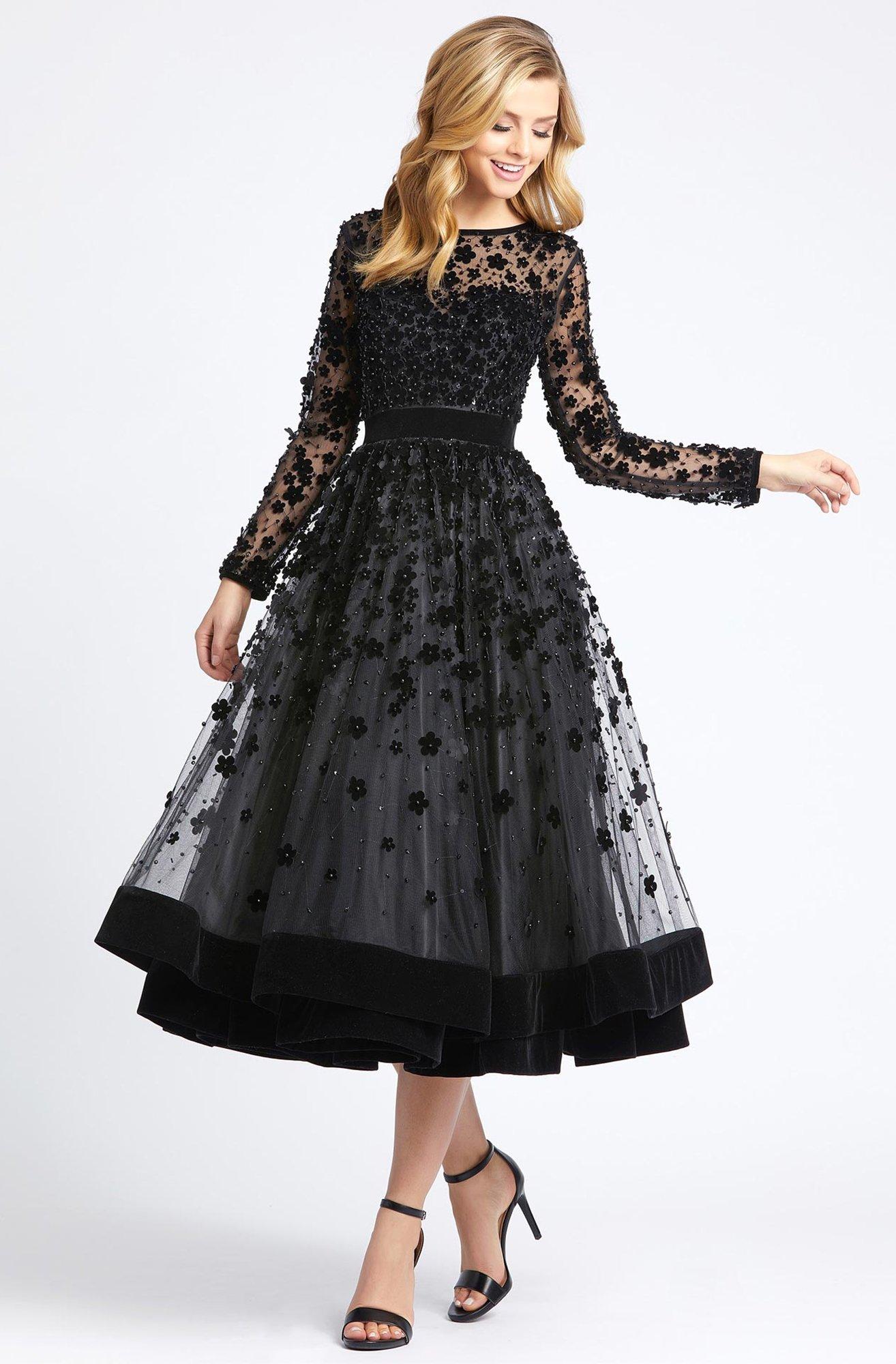 Mac Duggal Long-sleeve Velvet 3d Floral Dress in Black - Lyst