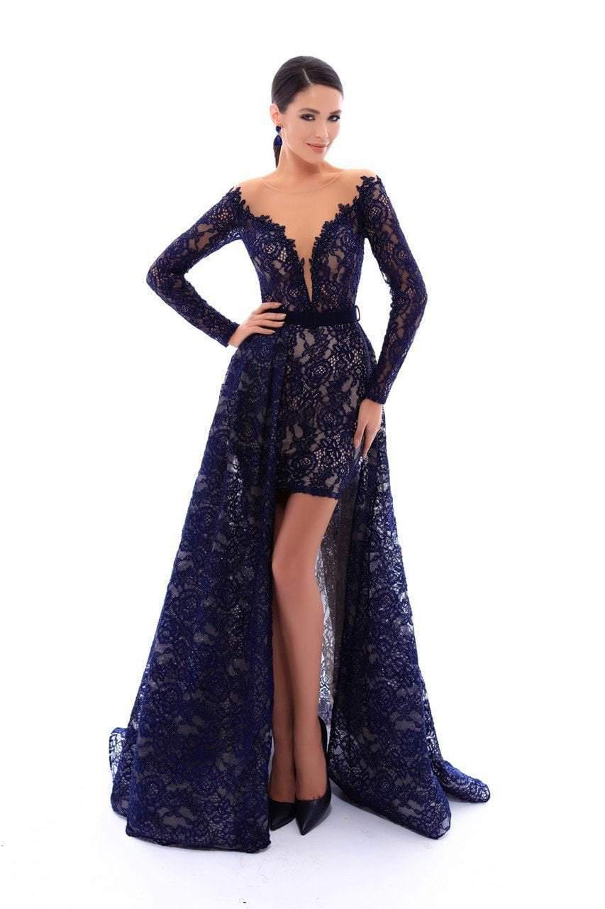 Tarik Ediz 93416 Lace Long Sleeve Mini Dress With Overskirt in Blue Lyst